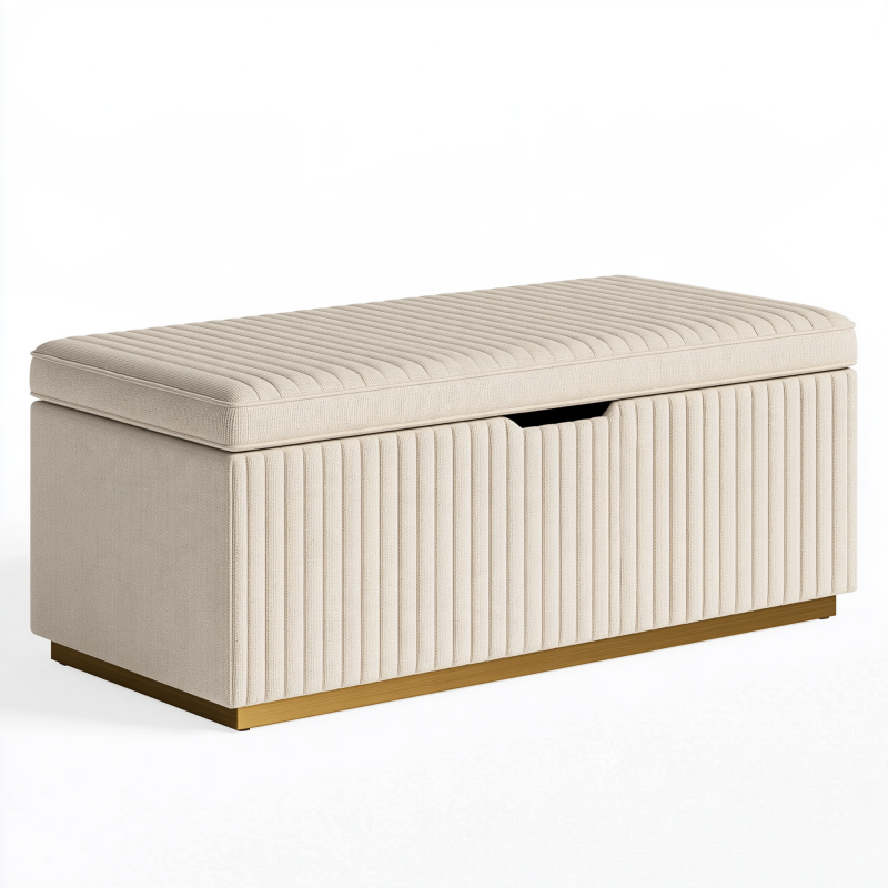 Sitzbank mit Stauraum 120 x 45 x 48 cm Creme Textil gepolstert geriffeltes Design