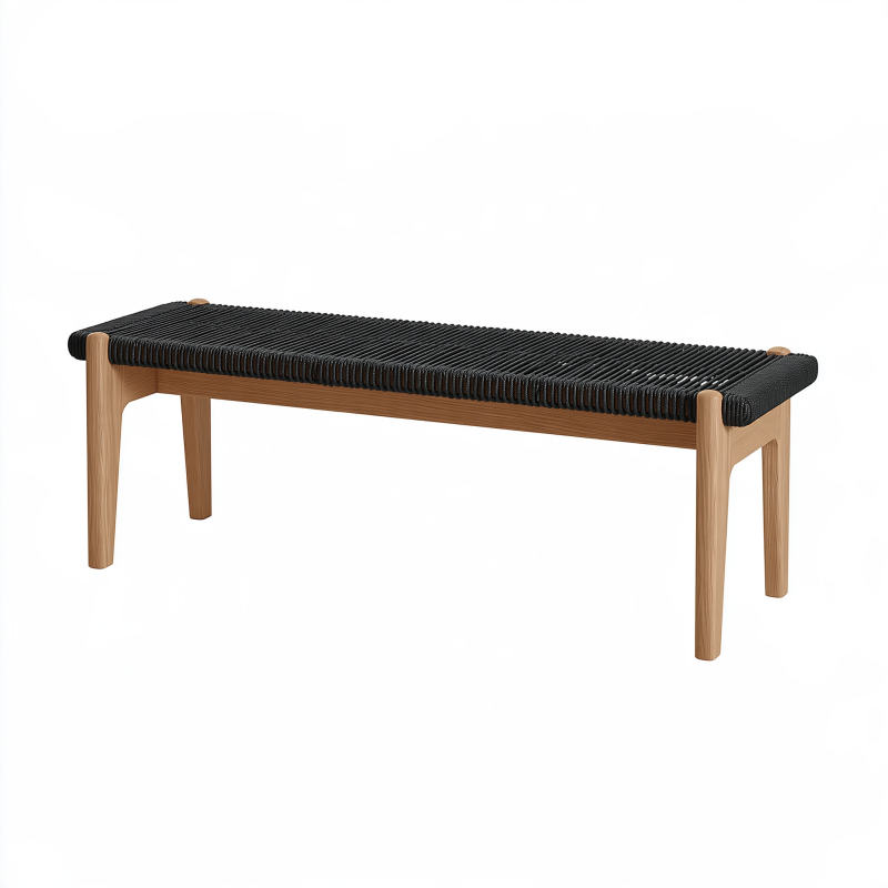 Sitzbank 120 x 40 x 45 cm Holz Schwarz geflochtene Sitzfläche skandinavischer Stil