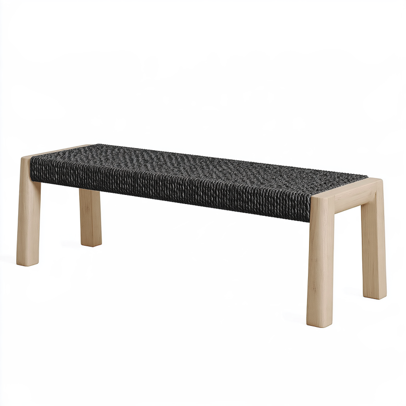 Sitzbank 120 cm aus Holz mit schwarzer Flechtfläche im skandinavischen Stil