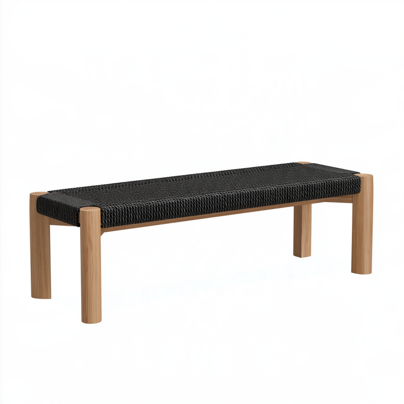 Sitzbank 120 x 40 x 45 cm Holz Schwarz - geflochtene Sitzfläche im modernen Stil