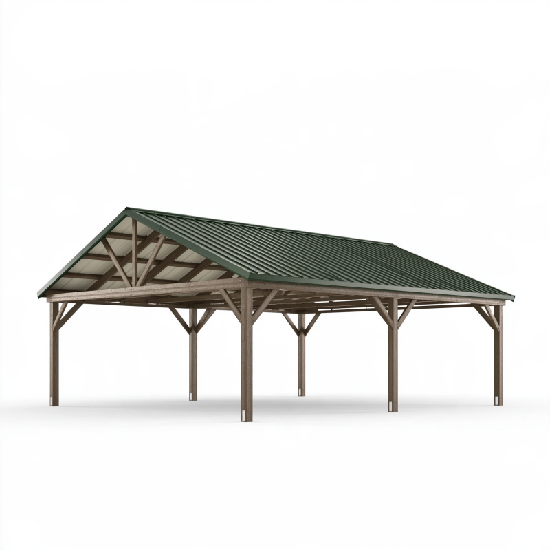 Carport 600x500x300 cm aus Holz mit grünem Metalldach