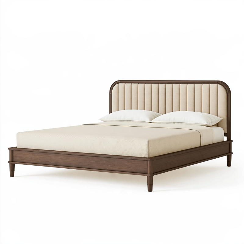 Polsterbett 160 x 200 cm Dunkelbraun Beige Holz Stoff mit gepolstertem Kopfteil