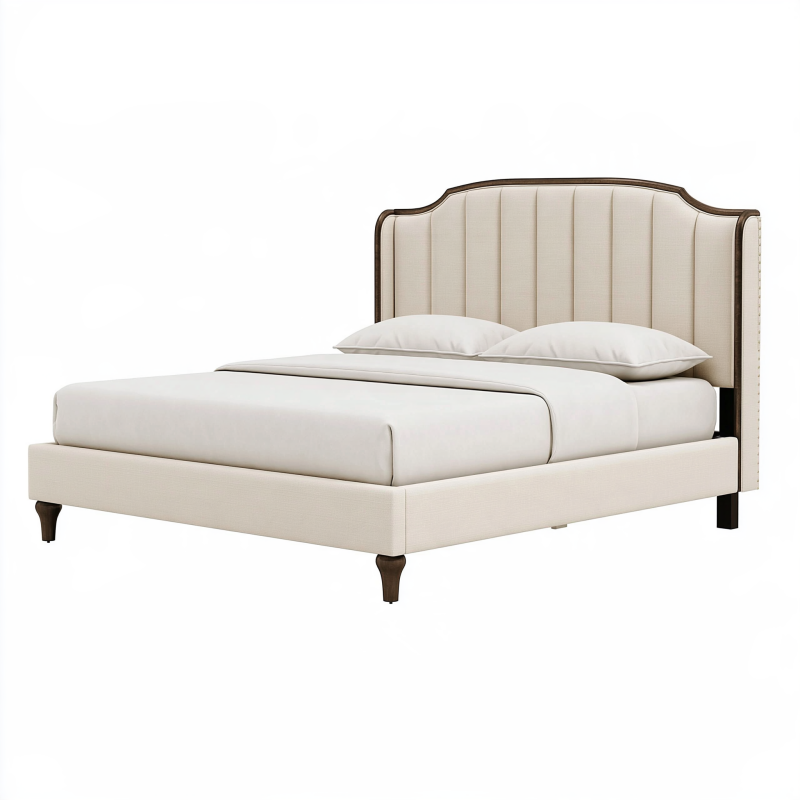 Polsterbett 180 x 200 cm Creme Dunkelbraun Stoff Holzrahmen mit gepolstertem Kopfteil