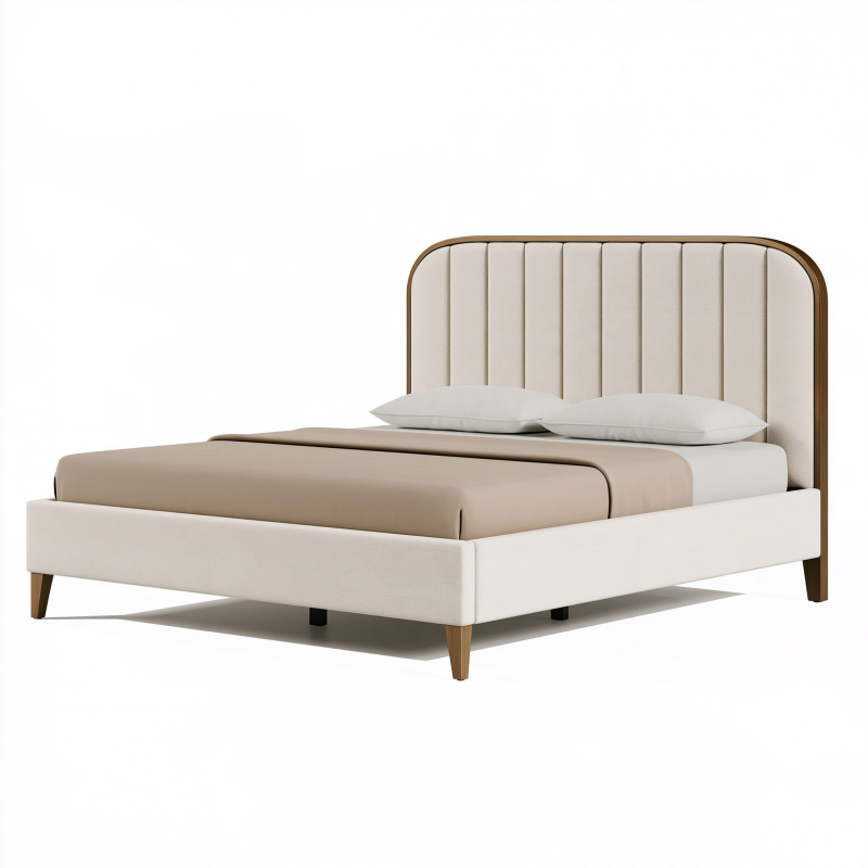 Polsterbett 180 x 200 cm Beige Stoff Holzfüße mit gepolstertem Kopfteil