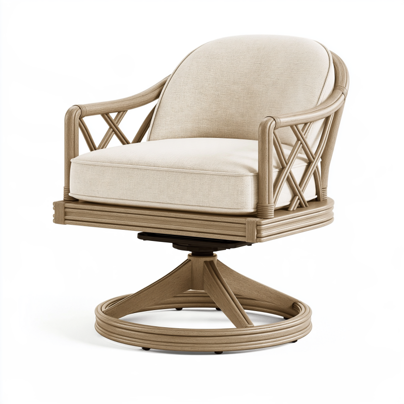 Drehsessel 78 x 80 x 95 cm aus Rattan und Stoff in Naturbeige im Boho-Stil